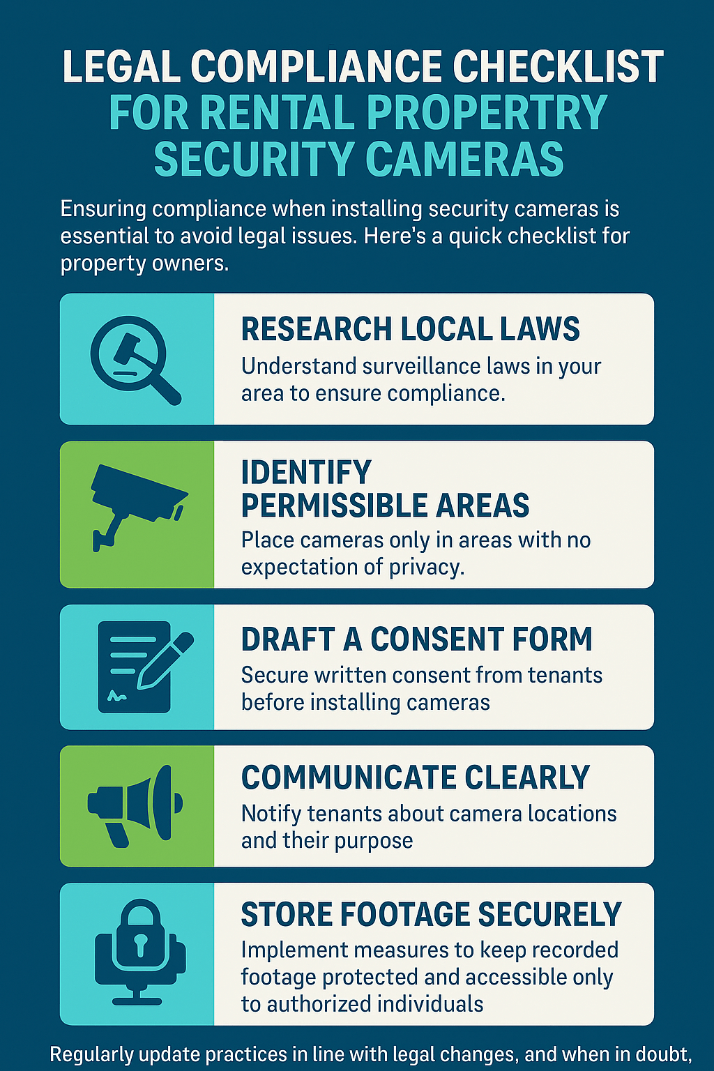 Infographic titled ‘Legal Compliance Checklist for Rental Property Security Cameras’ with steps for landlords: research laws, identify permissible areas, get consent, communicate clearly, and store footage securely.