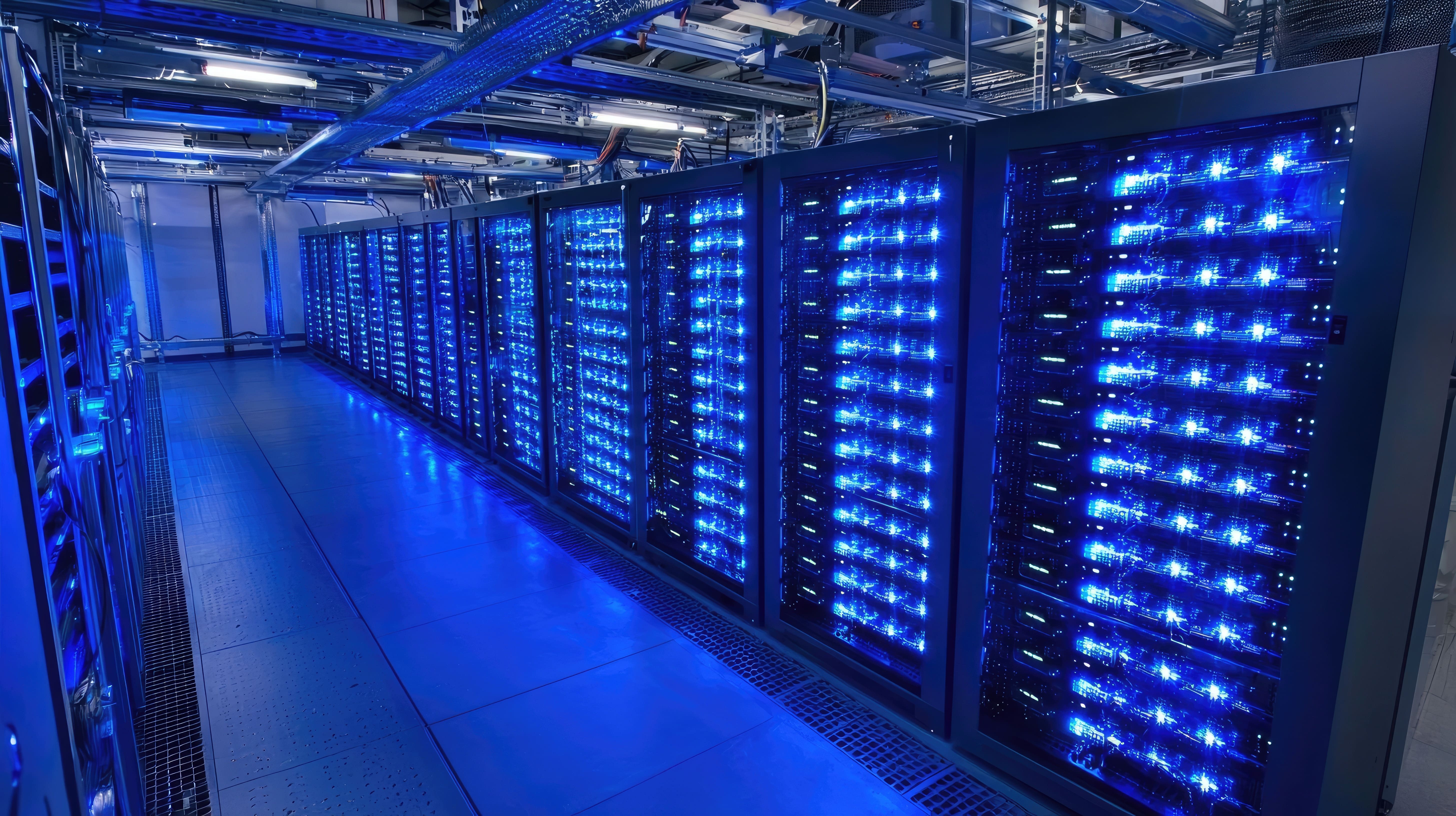 Modern data center with rows of illuminated server racks storing surveillance footage. Represents secure video storage and data protection for rental property cameras.