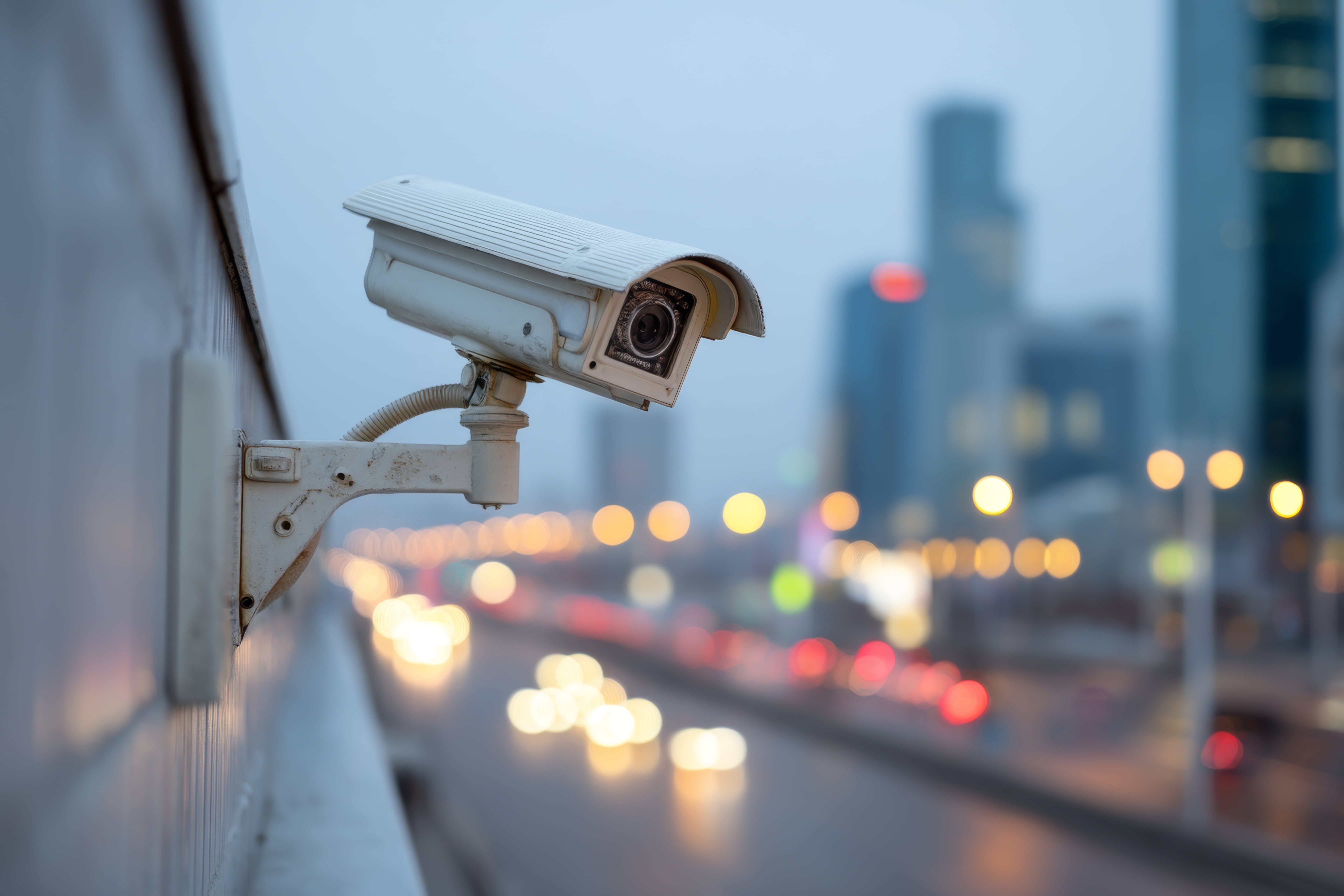 Mounted outdoor surveillance camera overlooking a busy city street. Demonstrates legal placement of cameras in public-facing areas of a rental property.