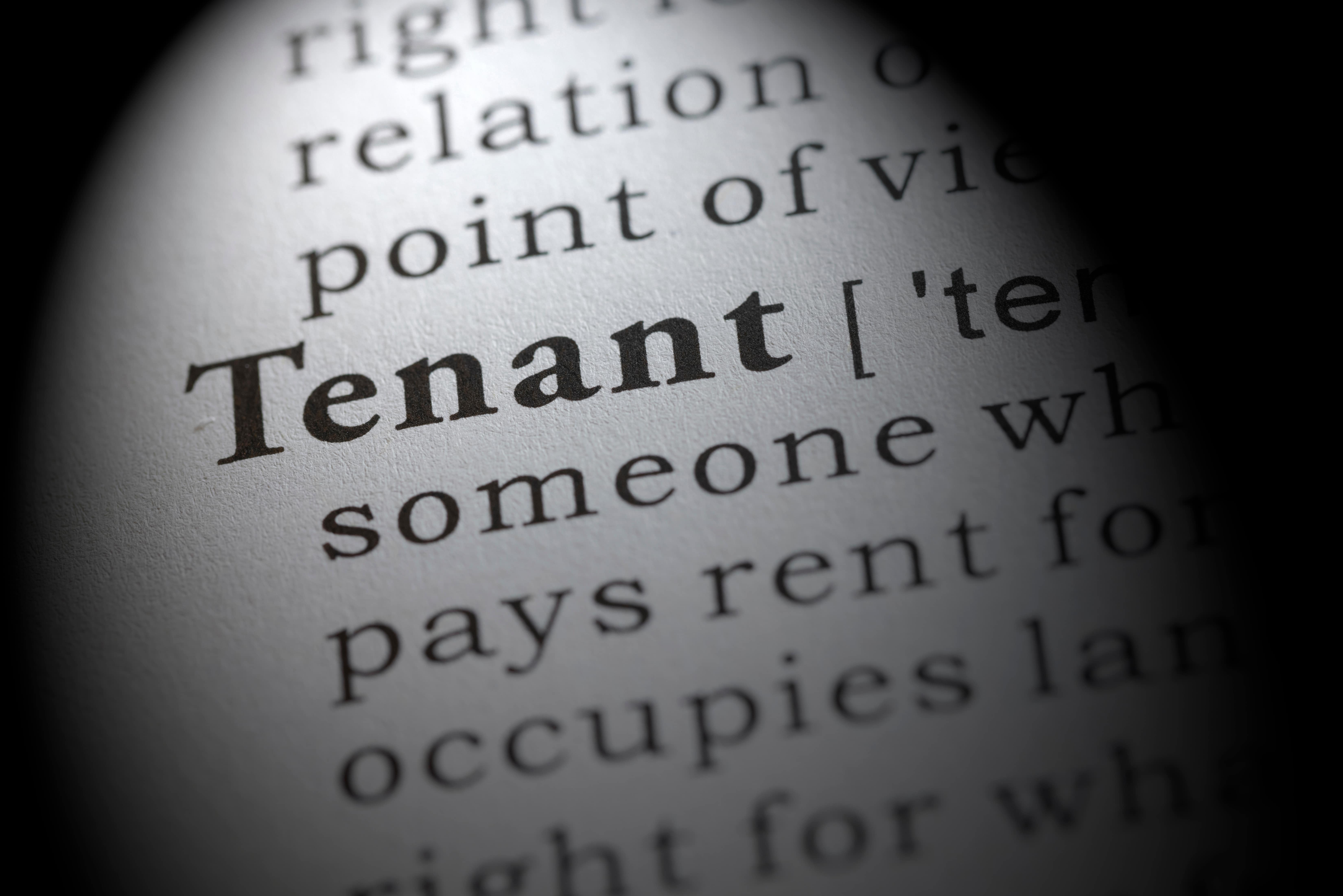 Dictionary-style definition of the word “Tenant” in bold under a focused light, with surrounding text partially visible.