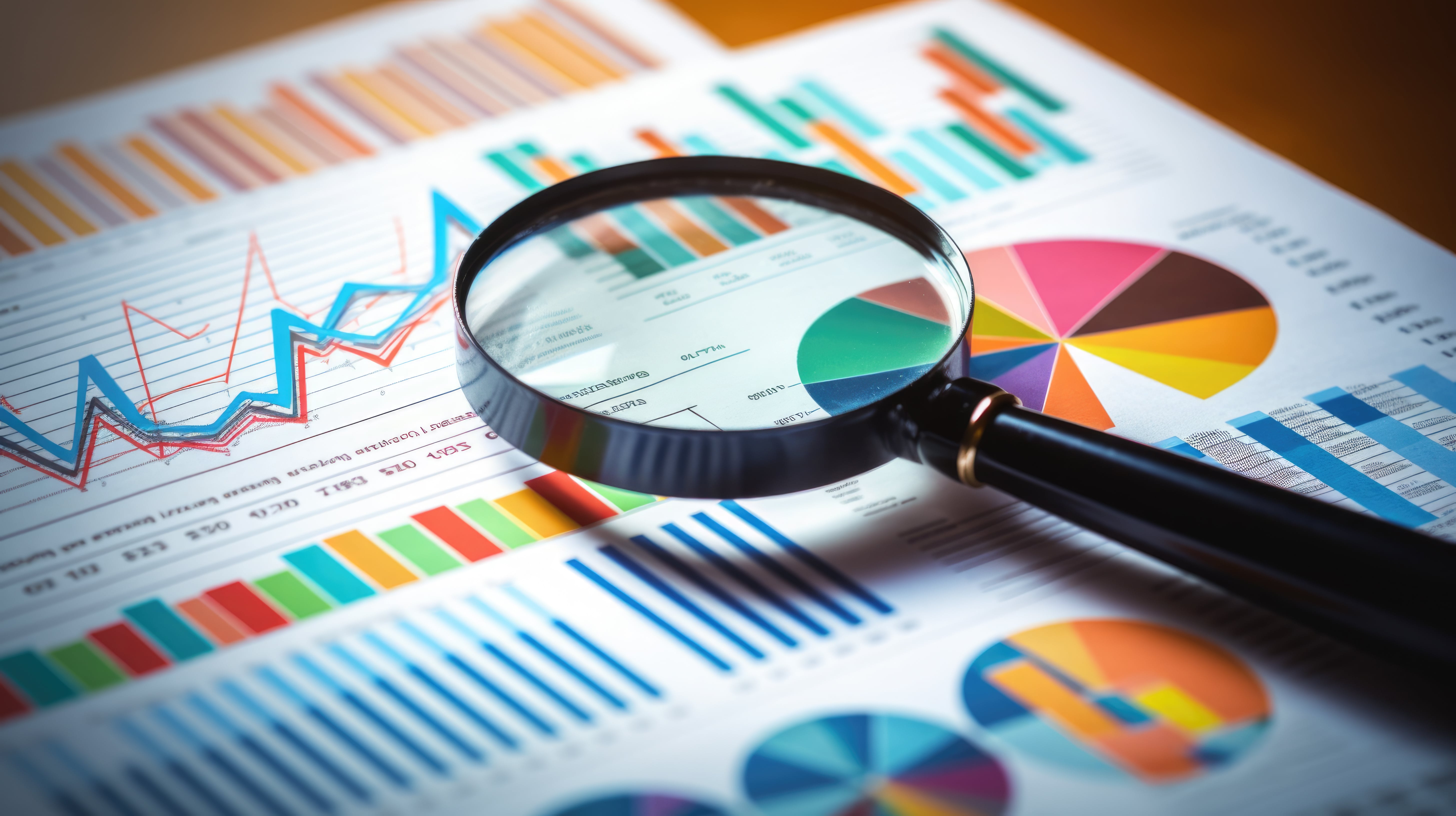 Magnifying glass placed over colorful financial charts, bar graphs, and pie charts representing rent roll analysis and property performance.