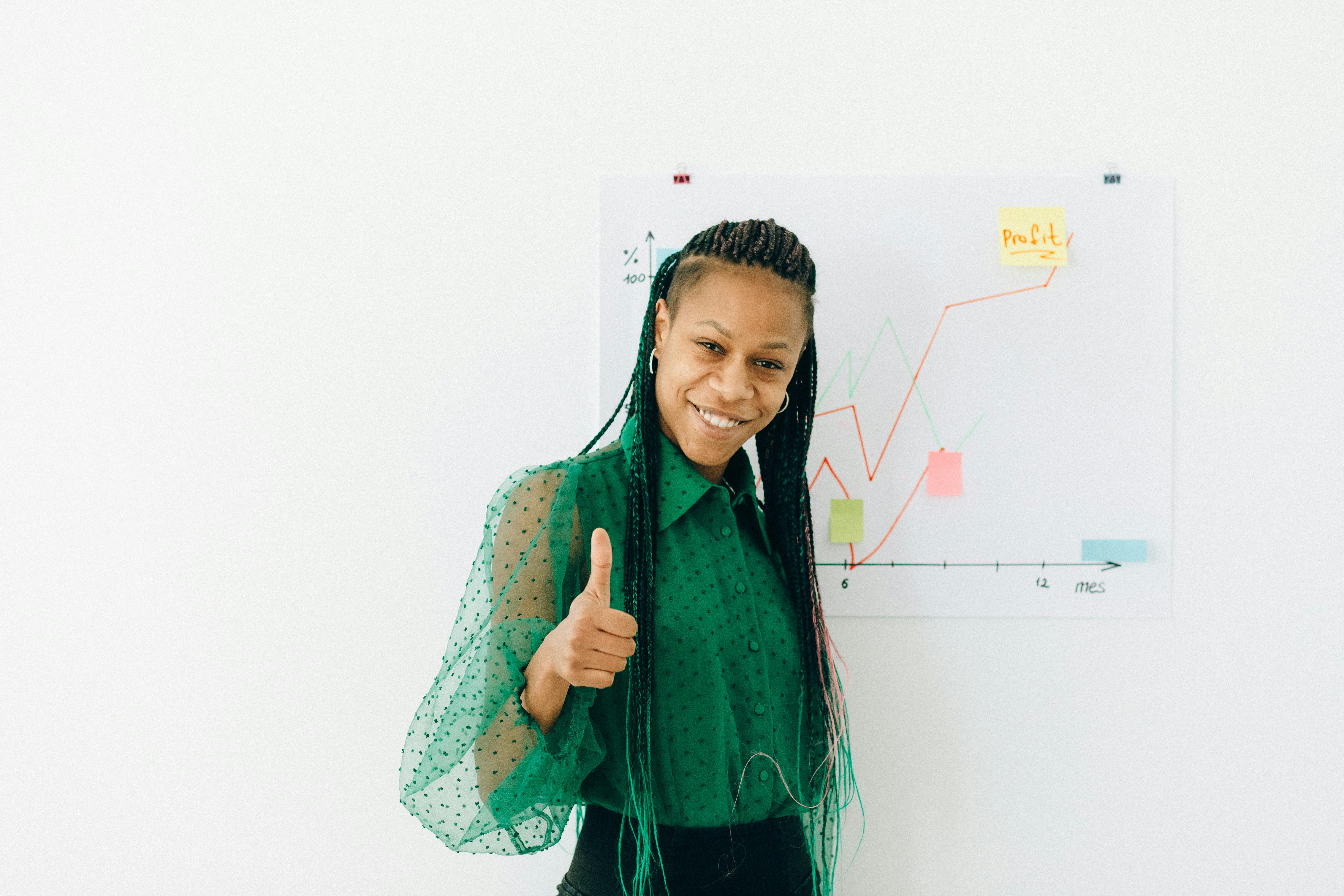 Person Giving a thumbs-up behind profit data in a line graph format