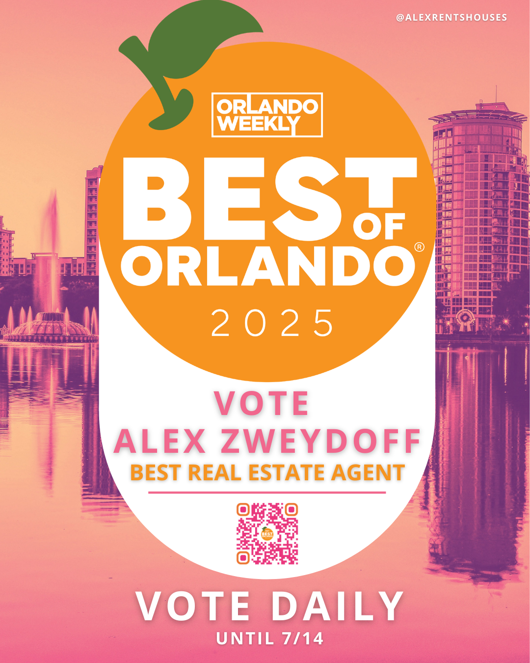 Graphic promoting Alex Zweydoff for “Best Real Estate Agent” in Orlando Weekly’s Best of Orlando 2025. The large orange logo is centered with bold text: “Vote Alex Zweydoff – Best Real Estate Agent.” The background shows Lake Eola with a pink and orange cityscape. A QR code for voting is included at the bottom, along with the text “Vote Daily until 7/14.”