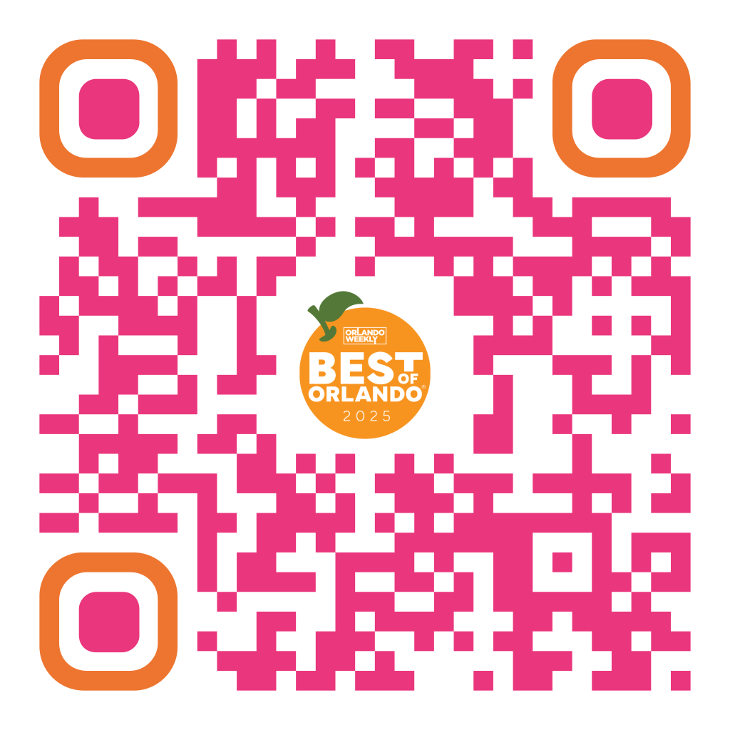 Colorful QR code in shades of pink and orange with rounded corners, containing a small orange circle in the center that features the Orlando Weekly “Best of Orlando 2025” logo. Scanning the QR code directs users to the voting page for the Best Real Estate Agent category.
