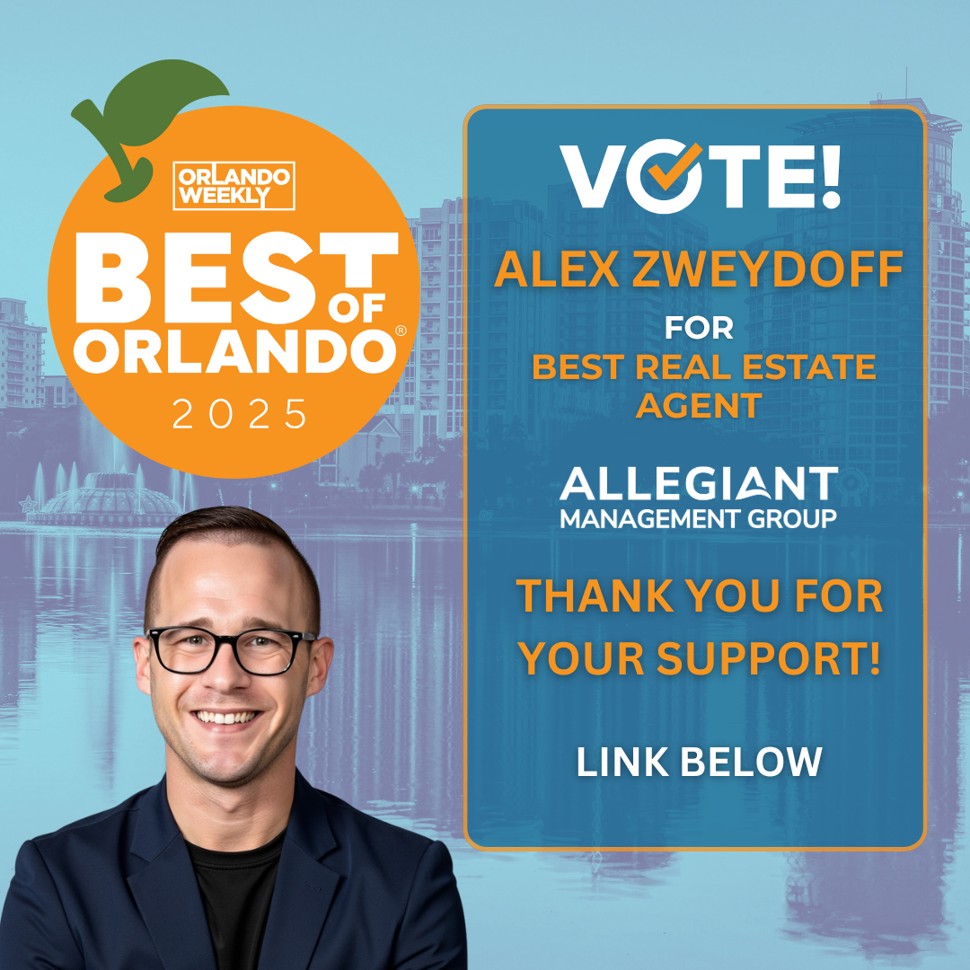 Vote Alex Zweydoff for Best Real Estate Agent in Orlando Weekly's Best of Orlando 2025. Includes Allegiant Management Group branding and thank you message.