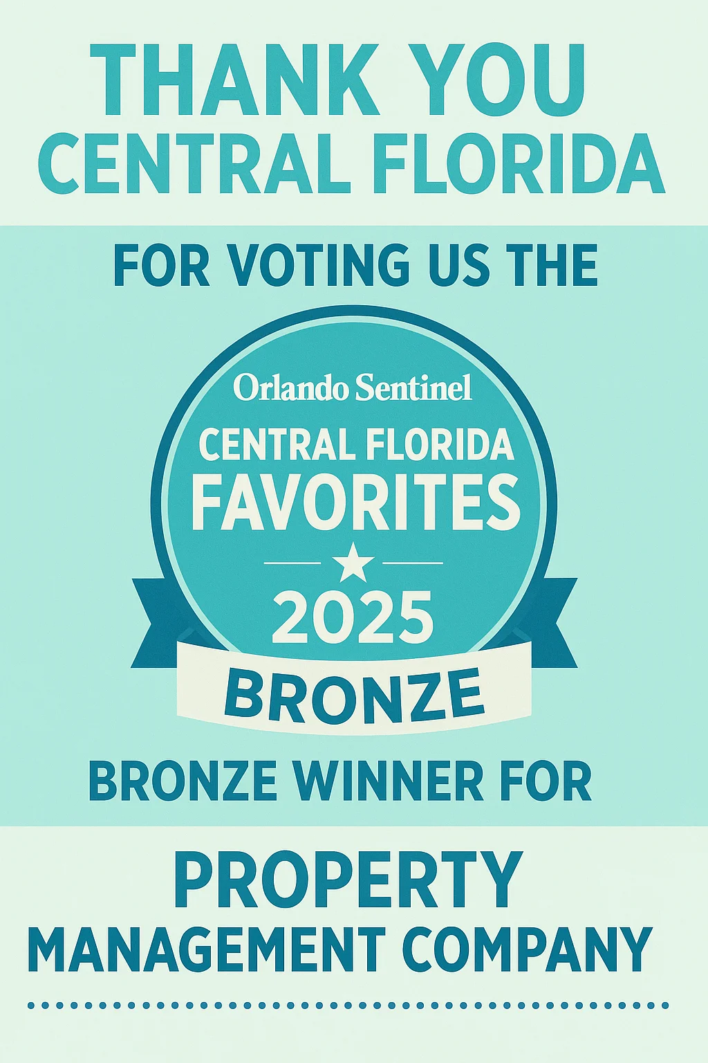 Orlando Sentinel’s 2025 Central Florida Favorites award graphic showing Allegiant Management Group as Bronze Winner for Property Management Company.