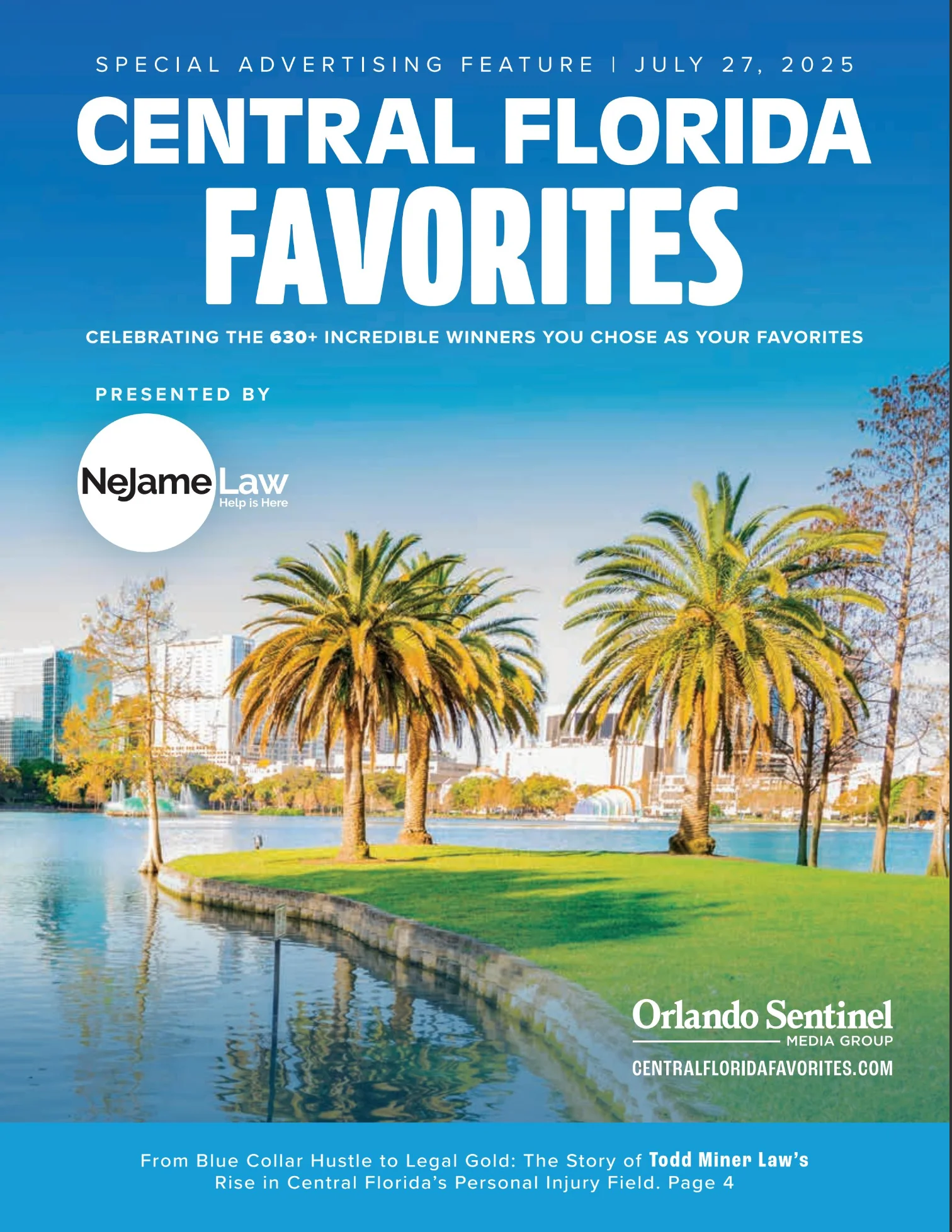 Cover of Orlando Sentinel’s 2025 Central Florida Favorites featuring downtown skyline, lake, and palm trees; celebrating top local winners like Allegiant Management Group.