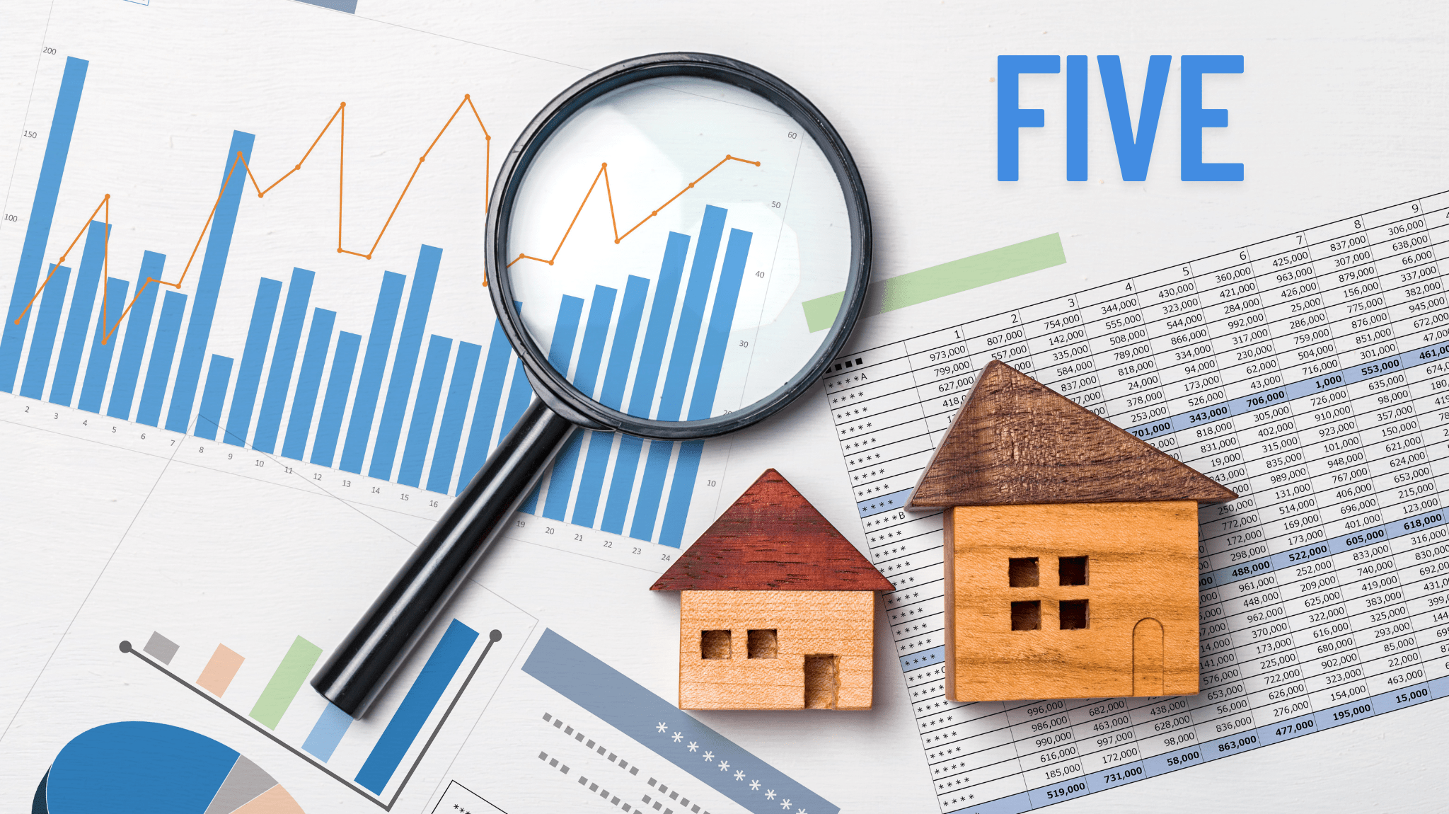 Financial graphs, spreadsheets, and wooden house models with a magnifying glass highlighting key trends—symbolizing the top five tips for real estate investing.
