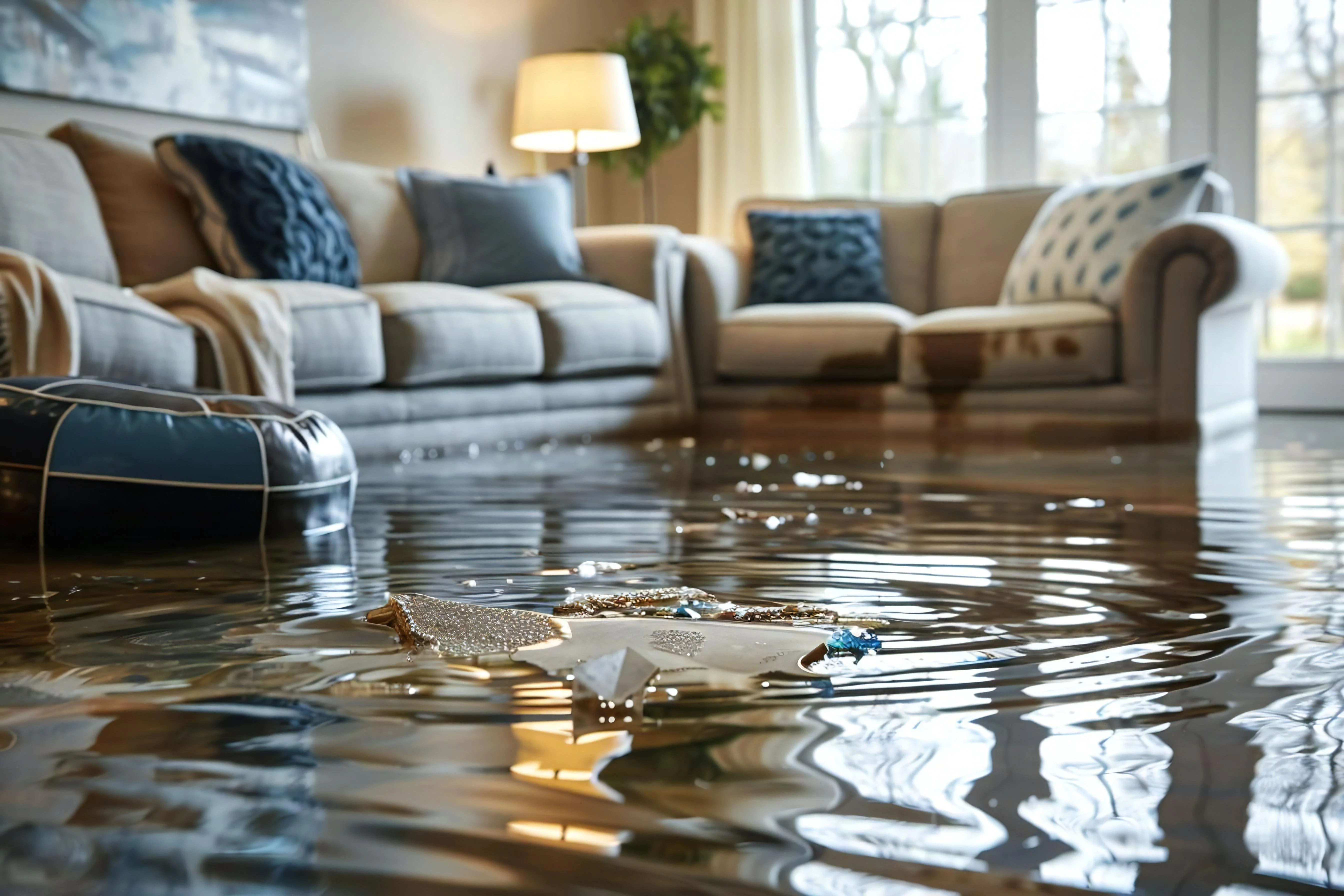 Flooded living room interior with standing water damaging furniture, showing why HB 1015 requires Florida landlords to disclose flood risks – Allegiant Management Group
