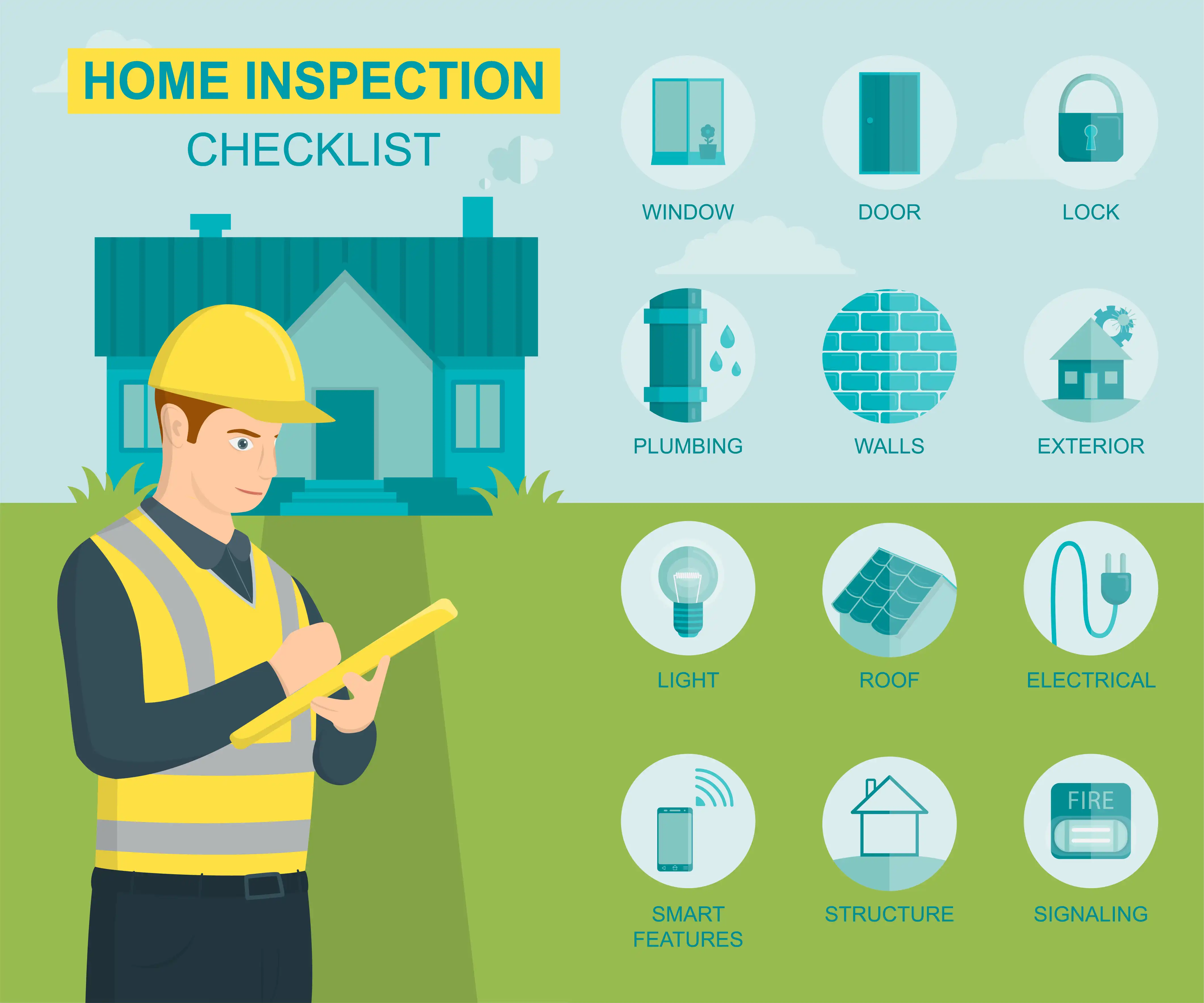 Home inspection checklist illustration showing key areas including plumbing, roof, electrical, and exterior.