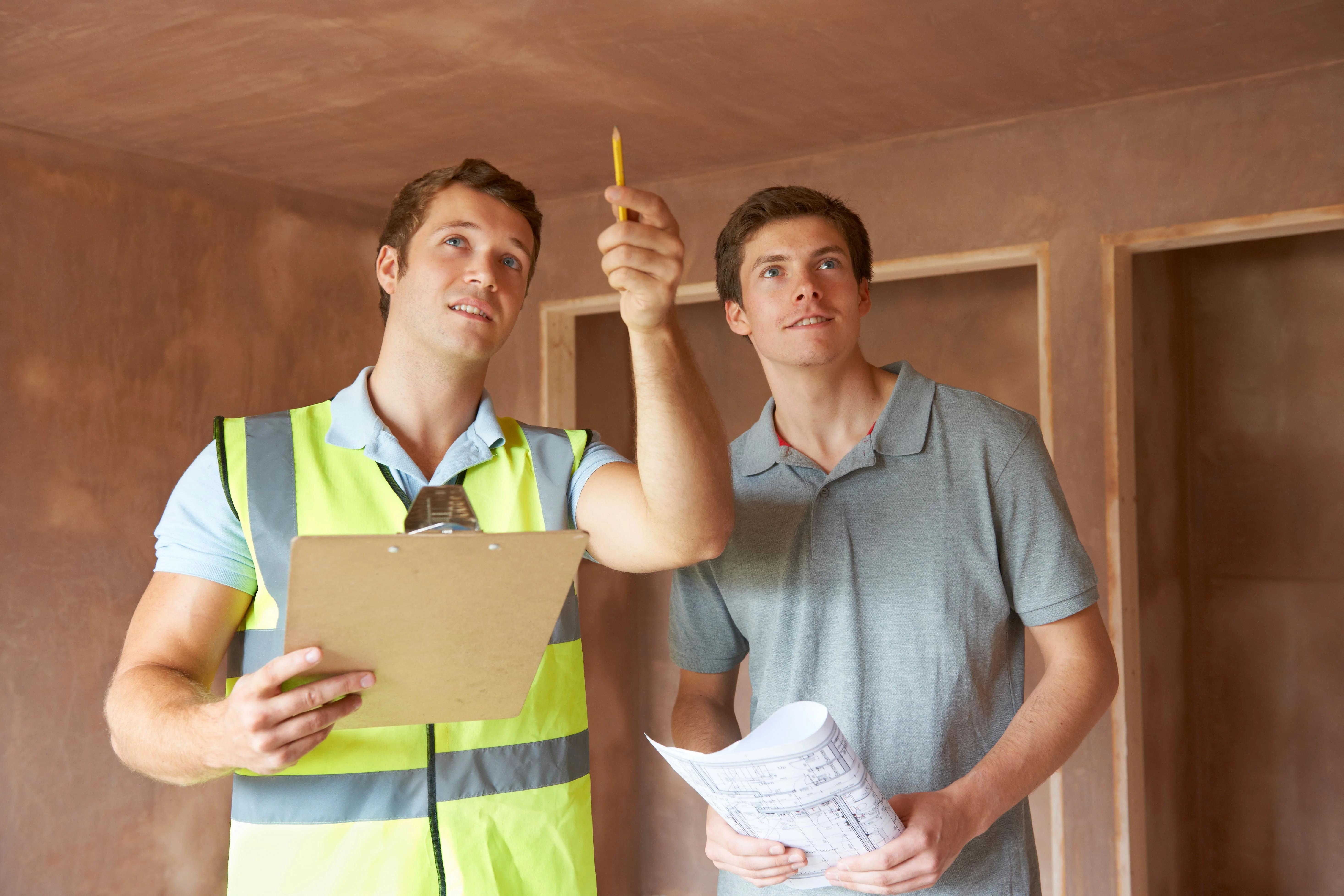 Property inspectors reviewing a fixer-upper in Kissimmee—infographic-style visual for house flipping and renovation investment strategy with Allegiant.