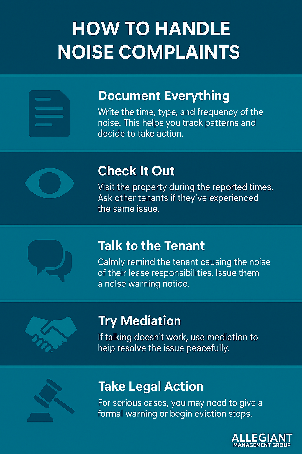 Infographic titled “How to Handle Noise Complaints” using Allegiant Management Group brand colors (dark blue, teal, and green). It outlines five key steps for property managers or landlords: 1. Document Everything – Record the time, type, and frequency of the noise. 2. Check It Out – Visit the property and ask other tenants for confirmation. 3. Talk to the Tenant – Remind the tenant of lease rules and issue a warning notice. 4. Try Mediation – Use mediation if direct conversation fails. 5. Take Legal Action – For ongoing issues, serve a formal warning or start eviction proceedings. Each step includes a supporting icon for visual clarity, and the Allegiant Management Group logo appears at the bottom.