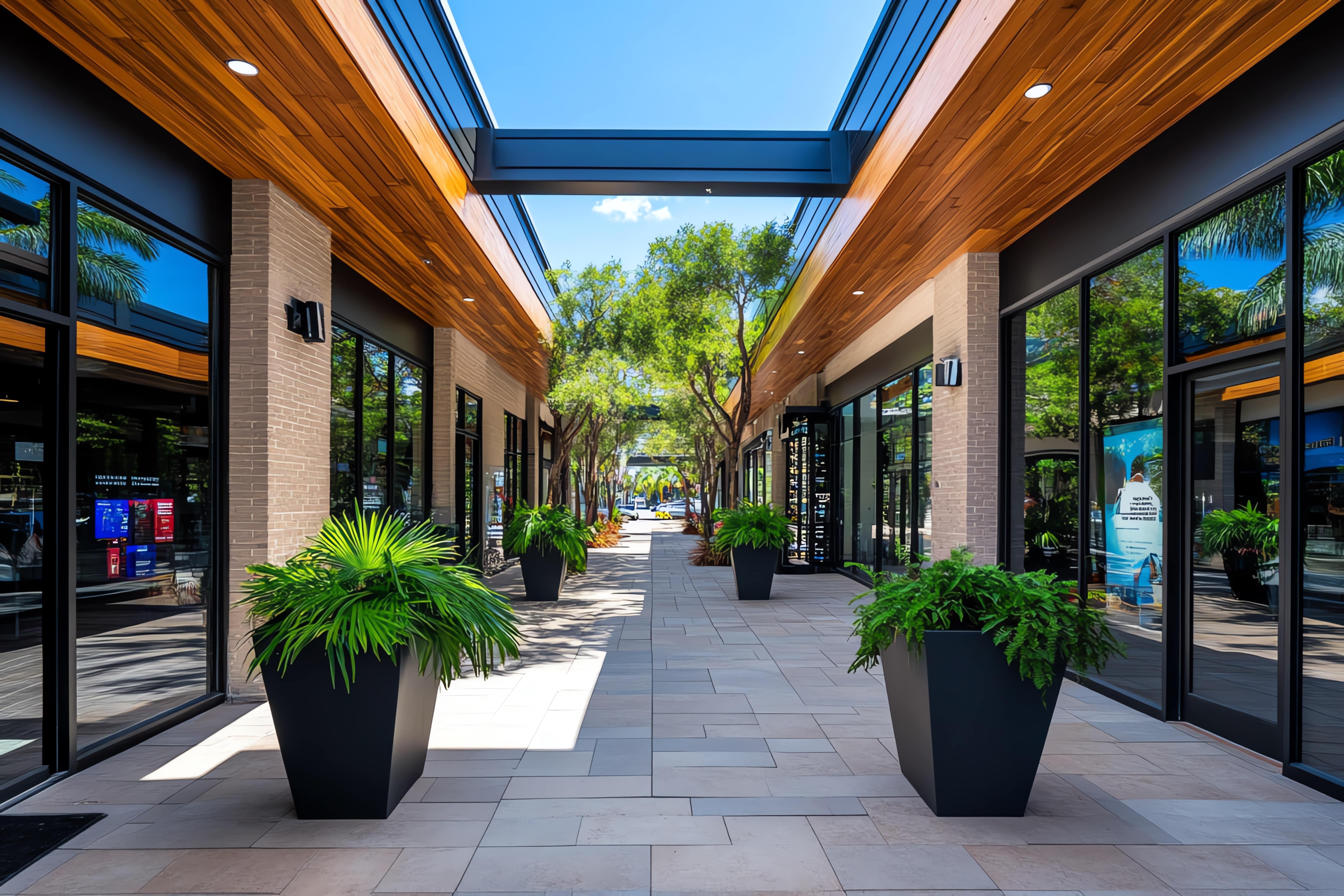 Contemporary open-air commercial property plaza with trees and storefronts, representing investment diversification.