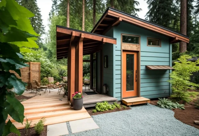 Modern tiny house with wood deck and outdoor seating in a forest setting.