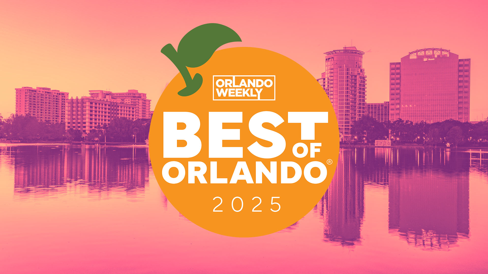 Promotional graphic for Orlando Weekly’s “Best of Orlando 2025.” The image features a stylized orange circle with a green leaf on top, containing white text that reads “Orlando Weekly Best of Orlando 2025.” In the background is a pink-orange sunset view of downtown Orlando skyline reflected on Lake Eola.