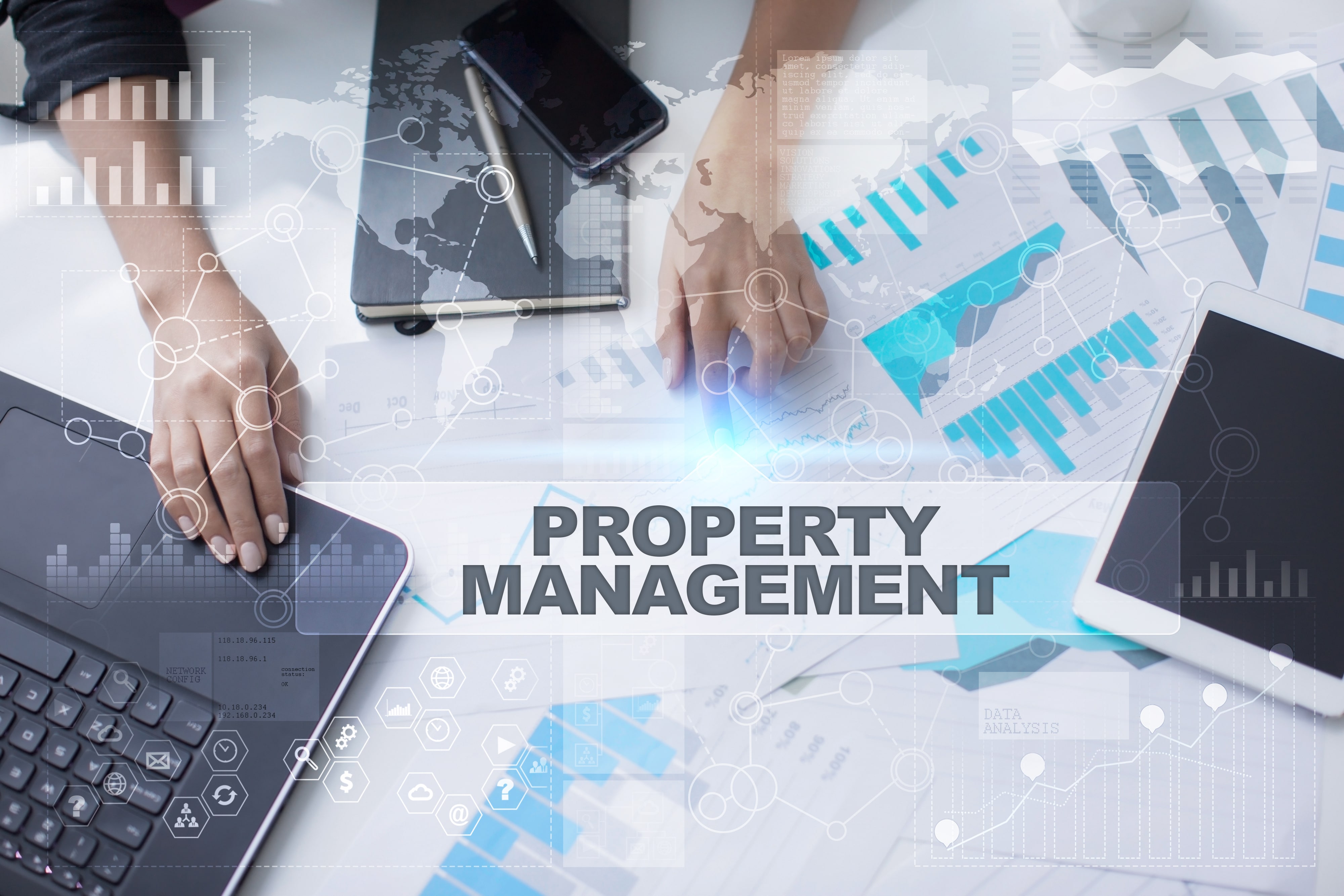 Hands working on laptops and charts with the words ‘Property Management’ overlaid — representing data-driven property portfolio management.