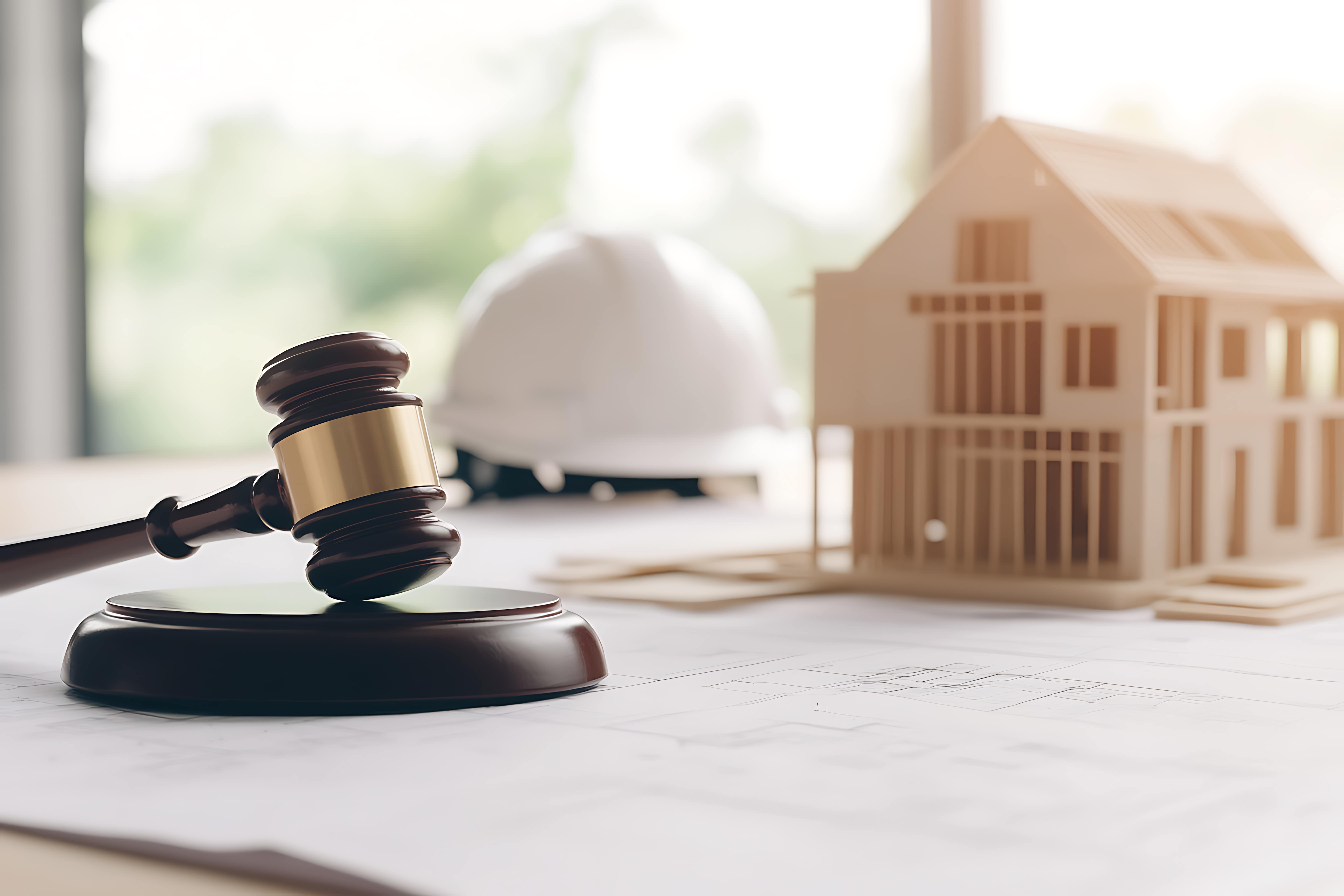 Judge’s gavel and construction helmet on architectural plans, symbolizing real estate legal due diligence.