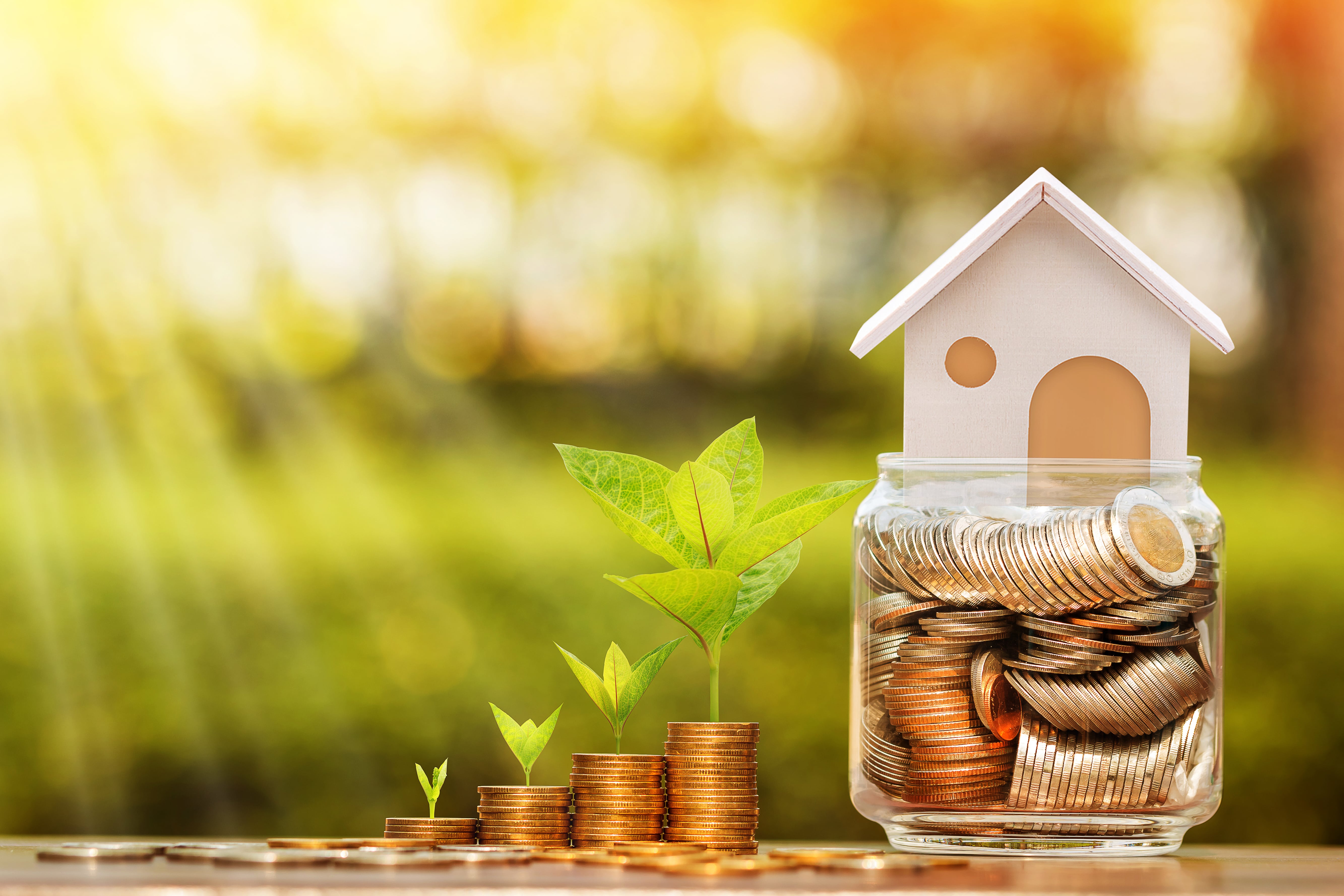 Coins stacked with small green plants and a jar filled with coins topped by a house model, symbolizing real estate portfolio growth.