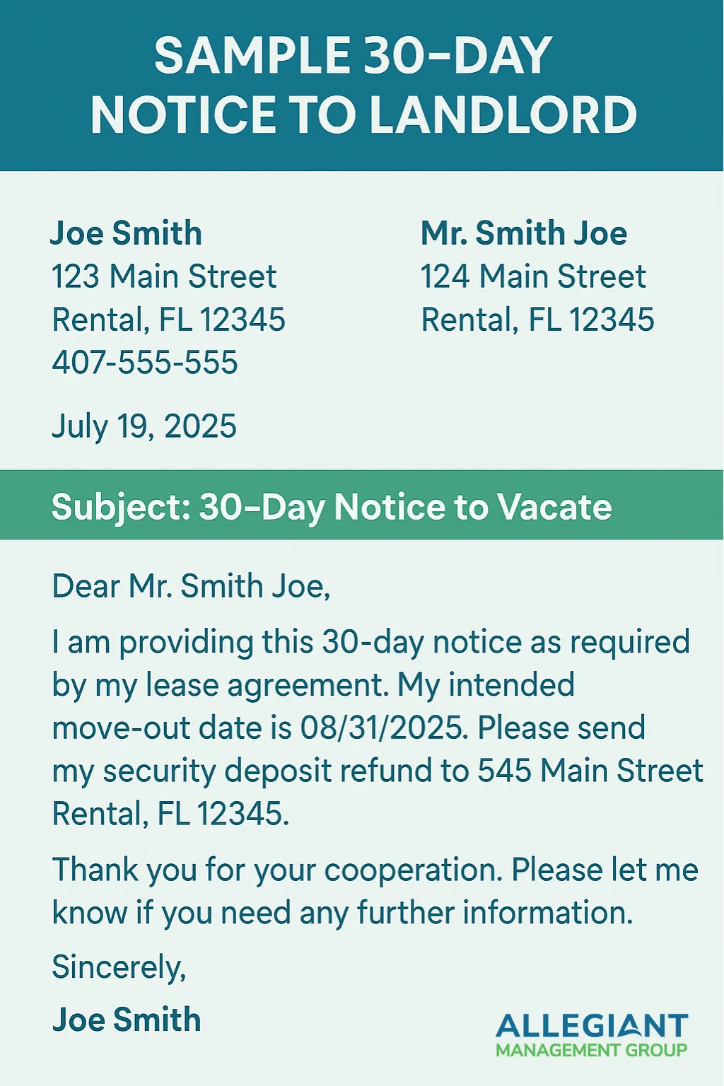 Infographic showing a sample 30-day notice to landlord letter template with tenant and landlord information, provided by Allegiant Management Group