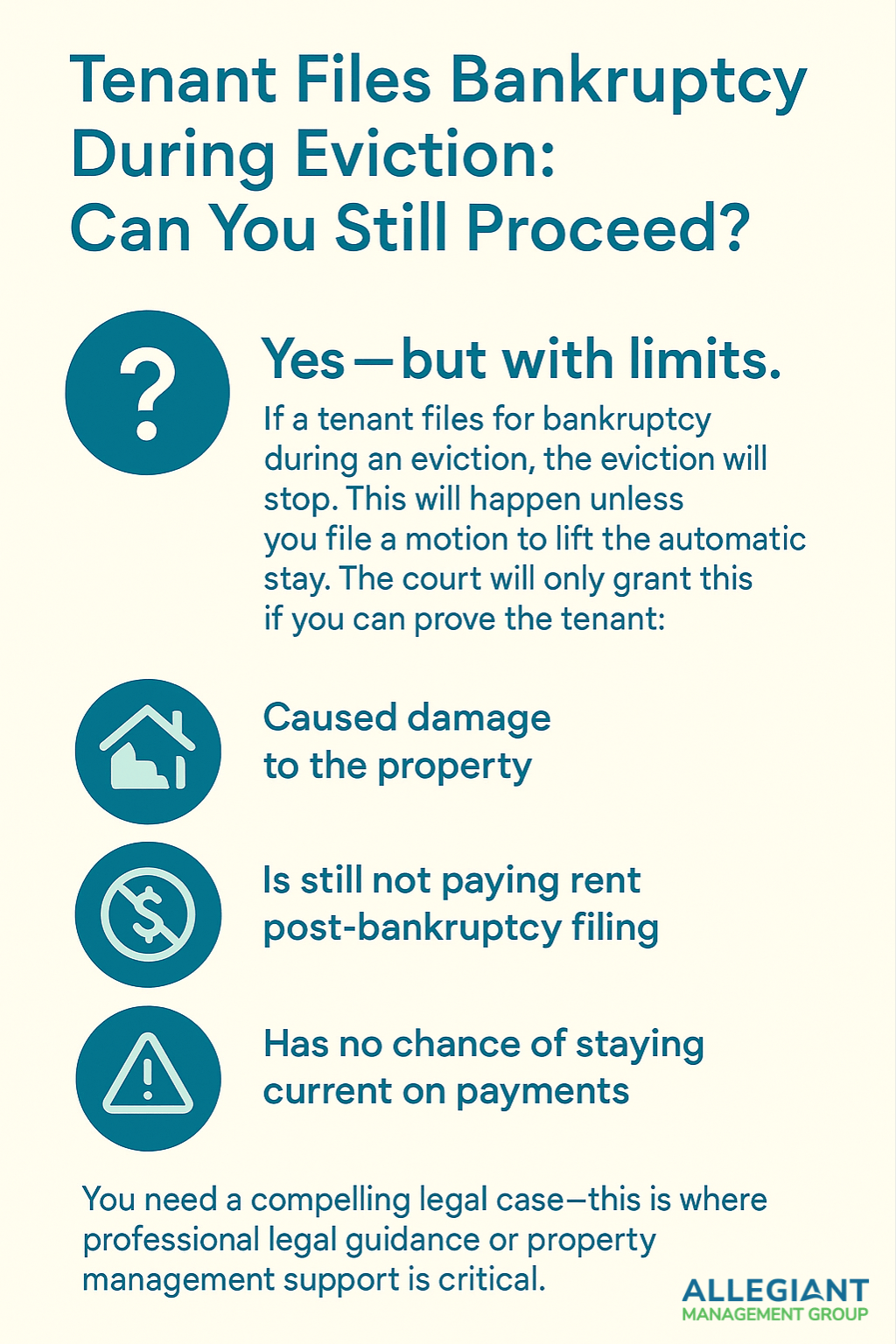 Infographic titled “Tenant Bankruptcy During Eviction” using Allegiant Management Group branding. It explains what happens when a tenant files for bankruptcy in the middle of an eviction. Key sections include: 1) The Automatic Stay – eviction must pause temporarily, 2) Relief From Stay – landlords may request court permission to continue, 3) Lease Obligations – tenants must still follow the lease, 4) Legal Communication – landlords should coordinate with bankruptcy attorneys. Each section is accompanied by relevant icons and styled in AMG brand colors.