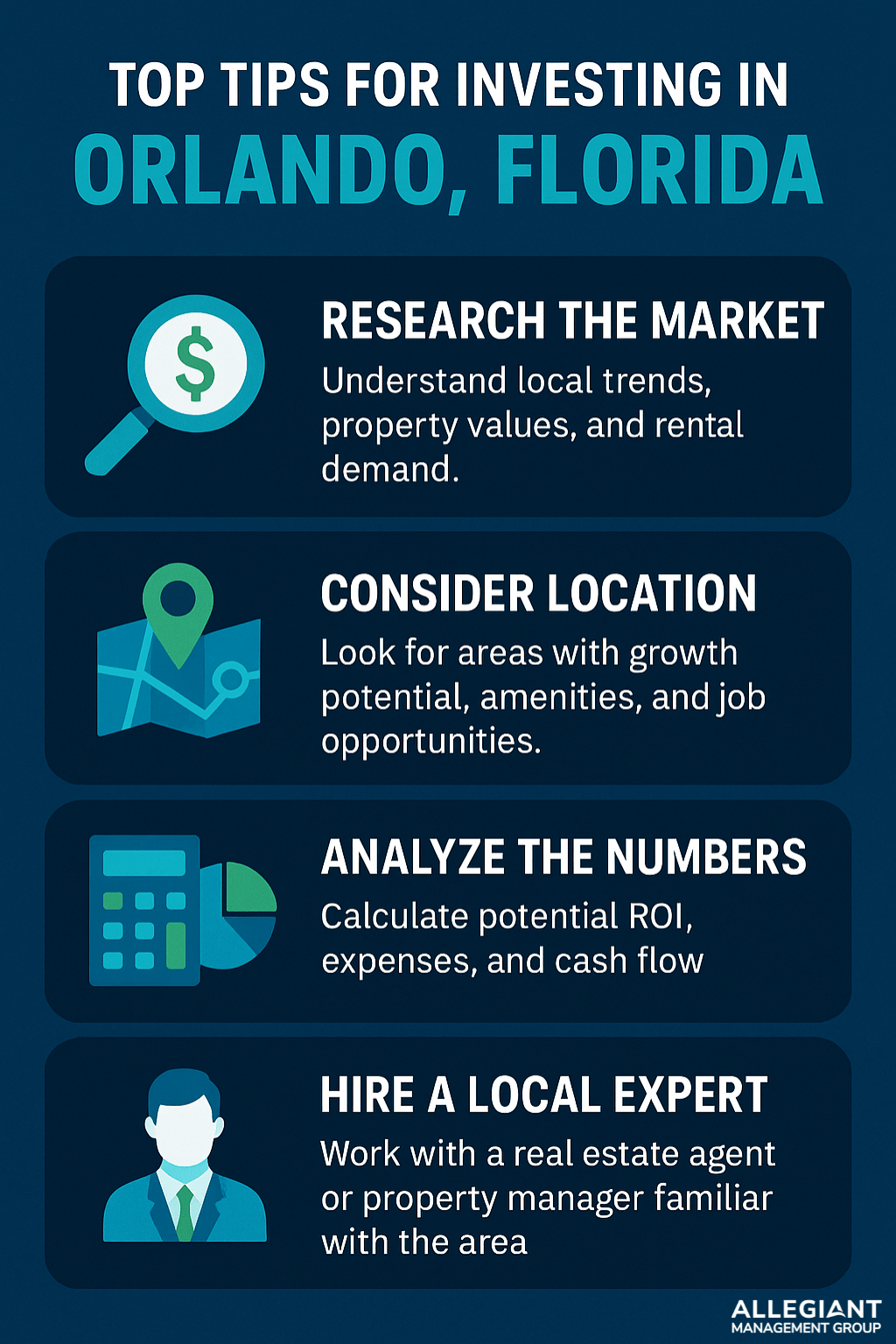 A modern infographic titled “Top Tips for Investing in Orlando, Florida” features four sections with icons and tips in Allegiant Management Group’s brand colors (HEX #046a94, #009ec8, #5cbb5b). Tips include: 1) Research the Market – Understand local trends, property values, and rental demand. 2) Consider Location – Look for areas with growth potential, amenities, and job opportunities. 3) Analyze the Numbers – Calculate potential ROI, expenses, and cash flow. 4) Hire a Local Expert – Work with a real estate agent or property manager familiar with the area.