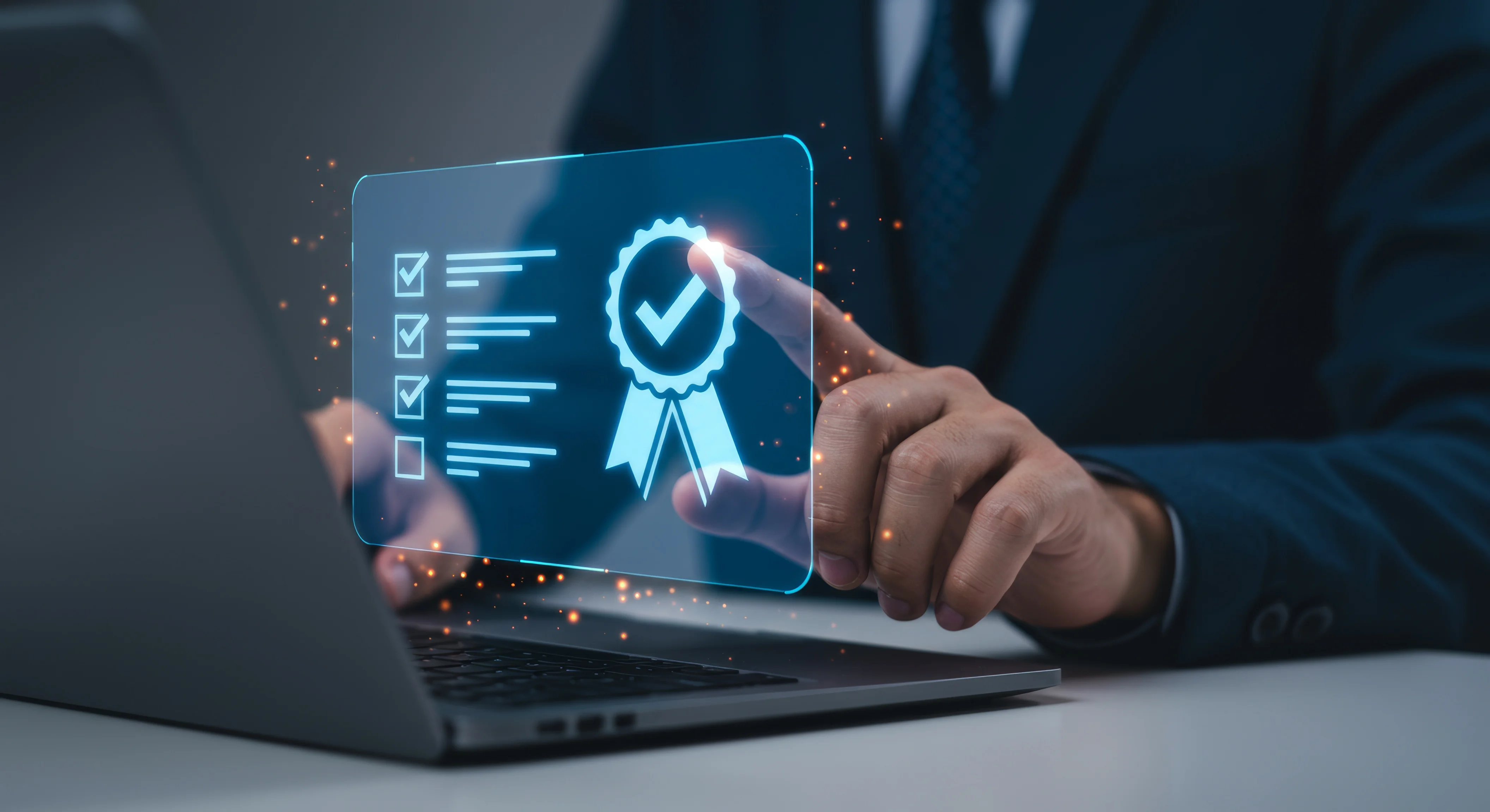 Business professional using a laptop with a holographic checklist and verified badge, symbolizing online license verification and trust.
