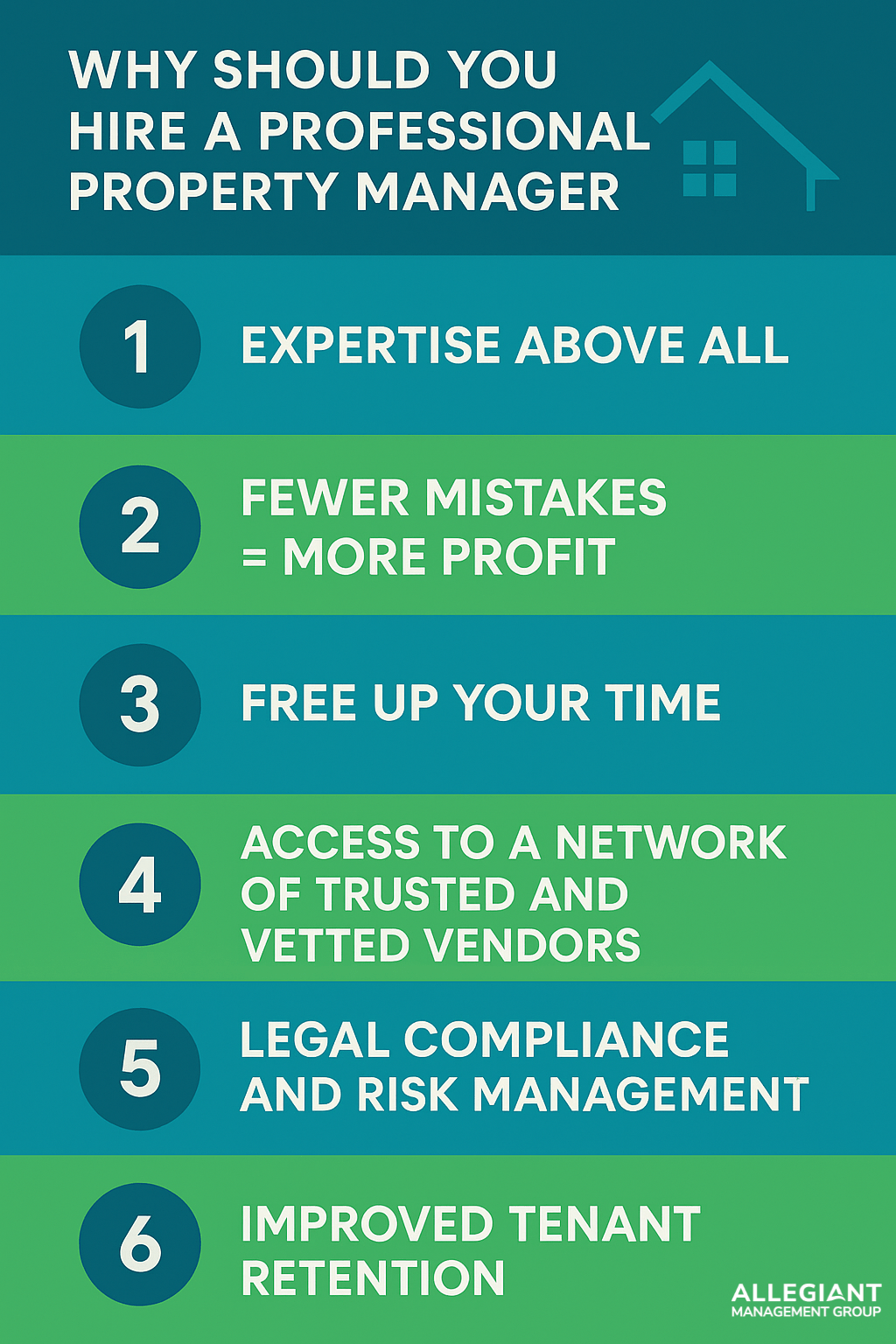 Infographic titled ‘Why Should You Hire a Professional Property Manager?’ listing six benefits: Expertise Above All, Fewer Mistakes = More Profit, Free Up Your Time, Access to Trusted Vendors, Legal Compliance & Risk Management, Improved Tenant Retention. Includes Allegiant Management Group logo at the bottom.